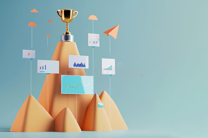 3D digital marketing, Trophy on mountain tops floating digital devices, generated ai.