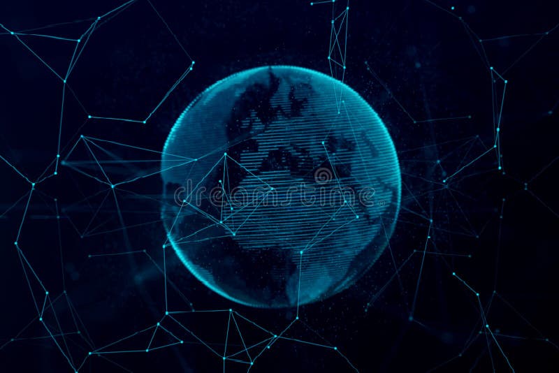 3d digital rendering blue planet earth globe, with glow connection point, internet network media technology globalization concept royalty free illustration
