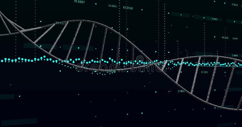 3D DNA double helix being animated across dark background, showing floating cyan data points stock video footage