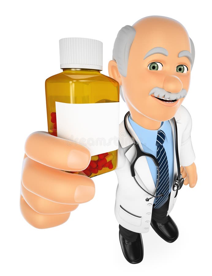 3D Doctor Showing a Pills Bottle without Label Stock Illustration ...
