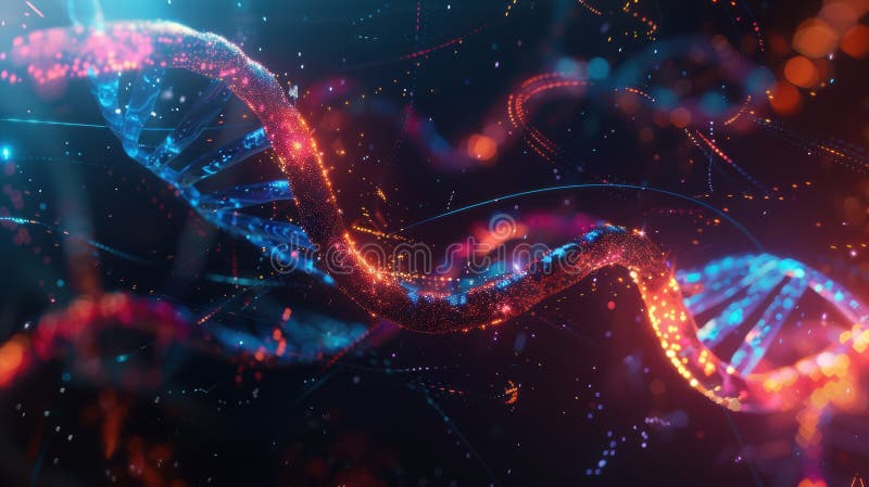 3D double helix DNA structure glowing with neon lights and digital connections. royalty free stock images