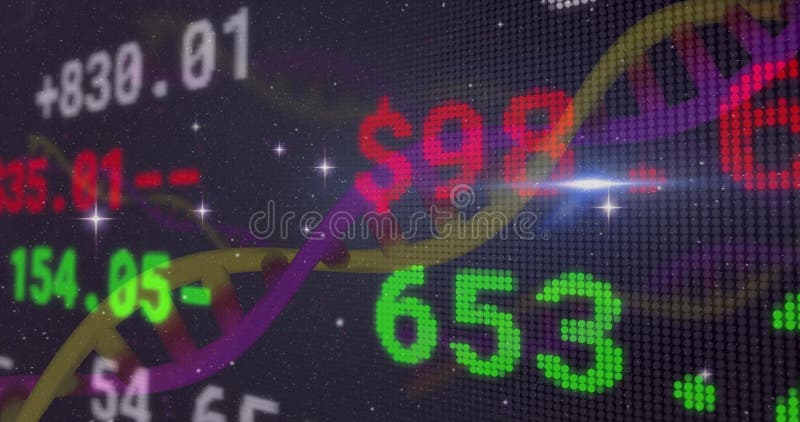 3D double helix twisting diagonally across dark grid, numeric tickers streaming amid star flares stock footage