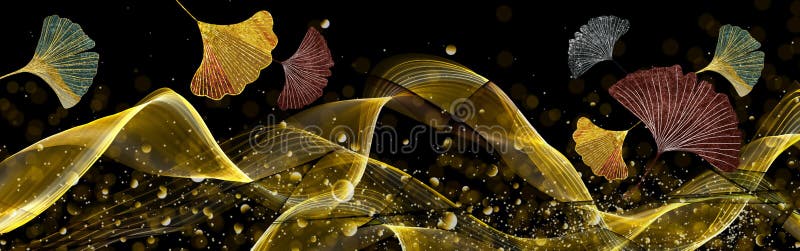 3d drawing dark black background, colorful leaves, golden wavy lines deer, golden dots. Canvas is used as a frame on walls.