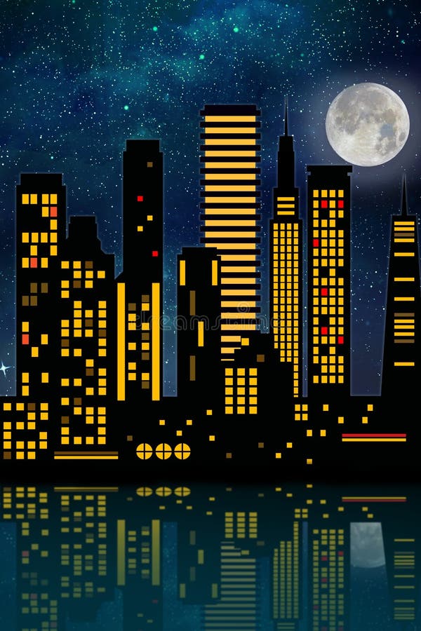 2d drawing of a night city stock illustration. Illustration of evening