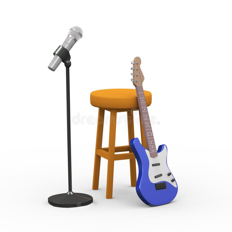 3d Electric Guitar, Stool and Mic with Stand Stock Illustration