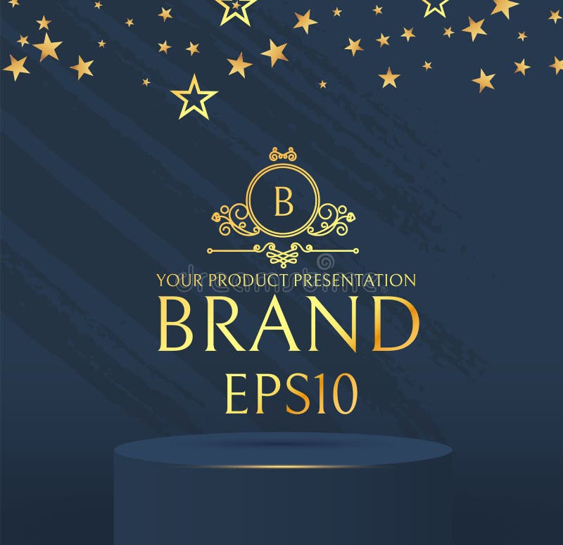 3D elegant round podium with gold stars. Realistic minimal empty scene. Showcase and shelf. Empty stage vector illustration