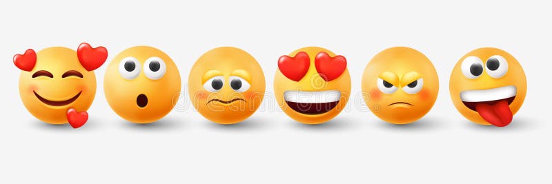 3d emoticon, expression emoji, yellow round funny smiles. Romantic and surprise balls with eyes and mouth, joy heart