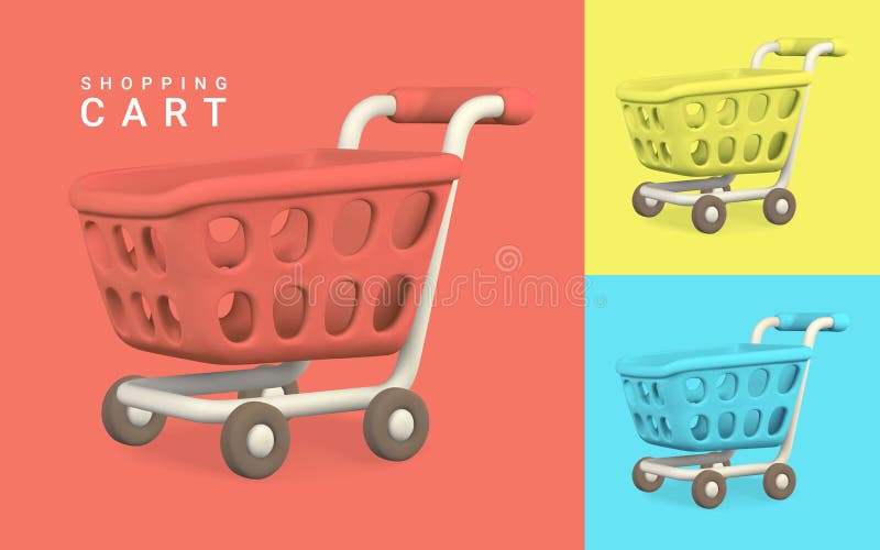 3d Empty Red, Yellow and Blue Shopping Carts. Shopping Concept Stock