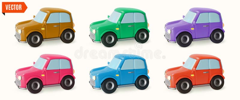 3. d Estilo de diseño de caricatura del modelo de Hatchback de coches de diferentes colores. Vector ilustración del vector