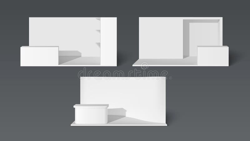 3D exhibition booth mockups set isolated on background. Vector realistic illustration show room with blank walls, empty shelves for product presentation and office desk, business expo design elements. 3D exhibition booth mockups set isolated on background. Vector realistic illustration show room with blank walls, empty shelves for product presentation and office desk, business expo design elements