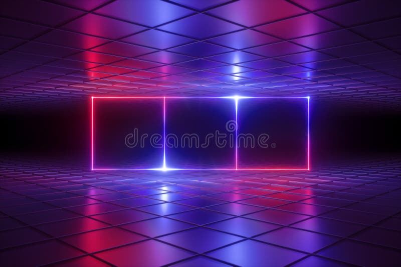 3d face ca fundalul abstract psihedelic neon luminează realitatea virtuală grilă care strălucește linii box cameră ultraviolet royalty free illustration