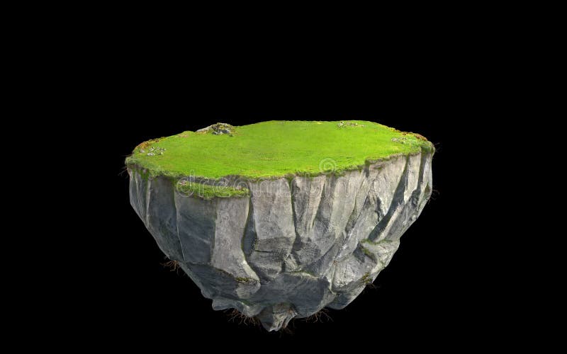 3D fantasy floating island with green grass land isolated on black