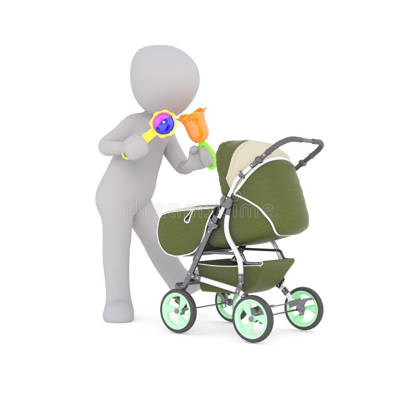 3D figure holds two colorful baby rattles stock illustration