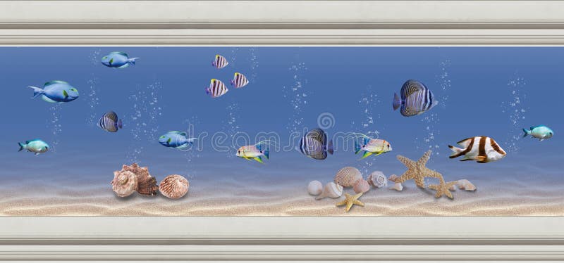 3d underwater living room wallpaper design for wall decor, Underwater fish Aquarium illustration background.