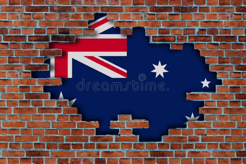 3D Flag of Australia Behind the Broken Stone Wall Stock Photo Image