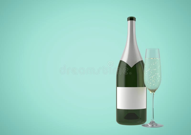 Digital composite of 3D Bottle of wine with champagne glass against green background. Digital composite of 3D Bottle of wine with champagne glass against green background