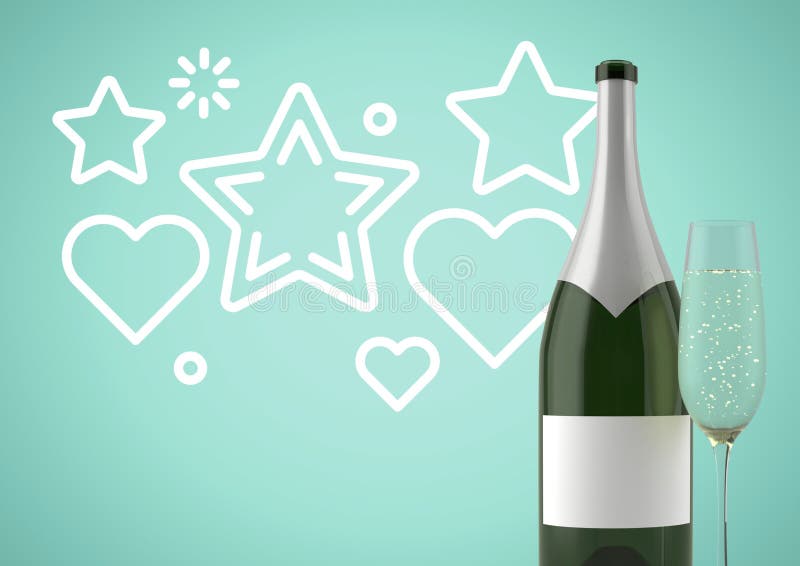 Digital composite of 3D Bottle of wine with champagne glass against green background with stars and hearts illustrations. Digital composite of 3D Bottle of wine with champagne glass against green background with stars and hearts illustrations