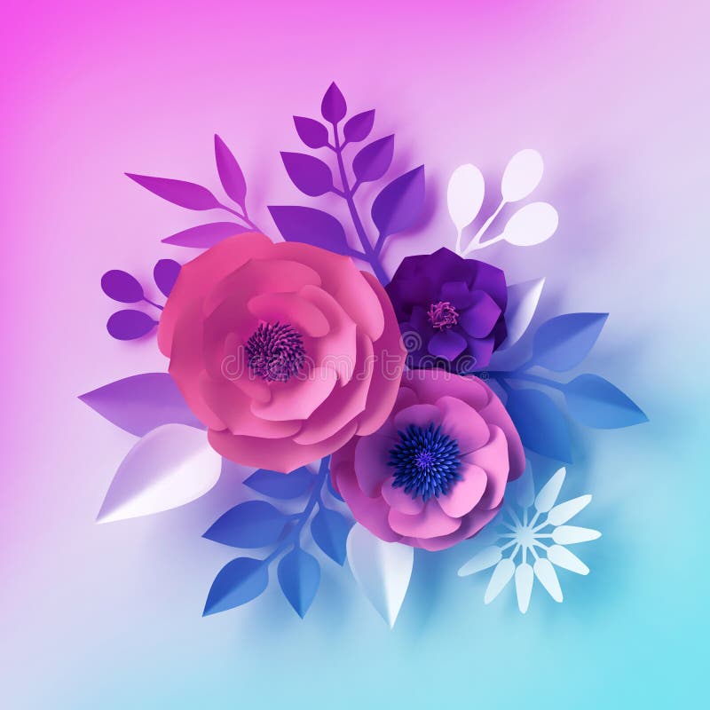 3d fleurs de papier au n?on d?coratives, bouquet d'isolement, groupe floral, papier peint botanique de couleur en pastel, calibre illustration libre de droits 3d fleurs de papier au n?on d?coratives, bouquet d'isolement, groupe floral, papier peint botanique de couleur en pastel, calibre illustration libre de droits