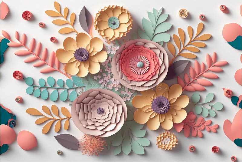 3d floral craft wallpaper. orange, rose, green, and yellow flowers on a light background. for kids\  room wall decor