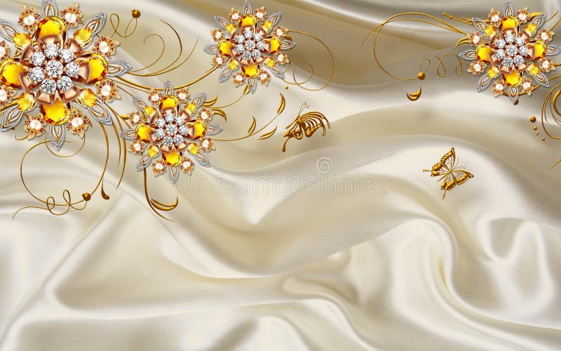 3d Flores De Diamante Dourado Em Papel De Parede Em Fundo De Seda  Ilustração Stock - Ilustração de wallpaper, fundo: 218222160