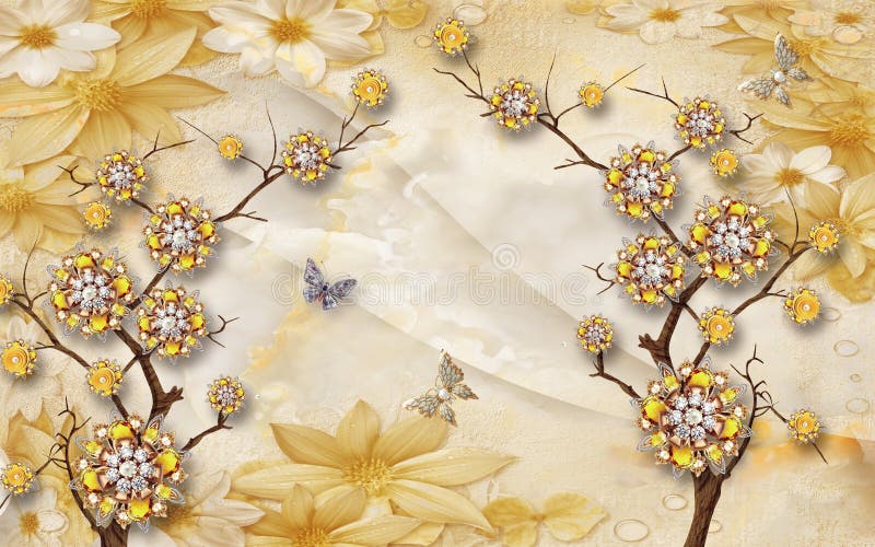 3d Flores De Diamante Dourado Em Wallpaper Em árvore Com Fundo De Flores  Douradas Foto de Stock - Imagem de quarto, fundo: 218958992
