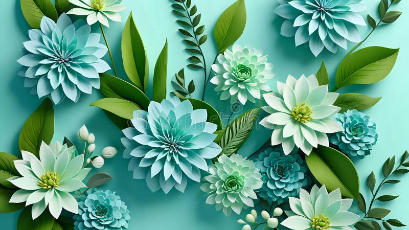 3d de flori și frunze verzi pe fond albastru pastel, creând un element vizual moale și senin royalty free illustration
