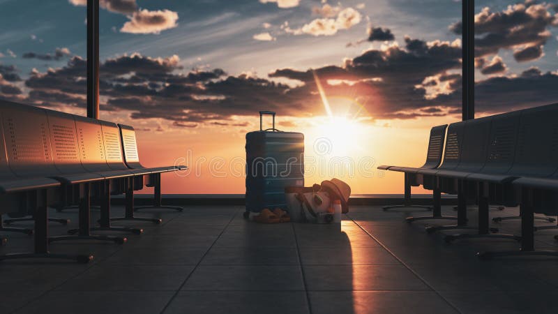 3D Flughafen Wartezone bei Sonnenuntergang mit dem notwendigen Reiseaufwand lizenzfreie abbildung