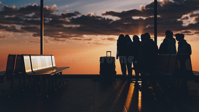 3D Flughafen Wartezone mit Sonnenuntergang Silhouette Reisende lizenzfreie abbildung