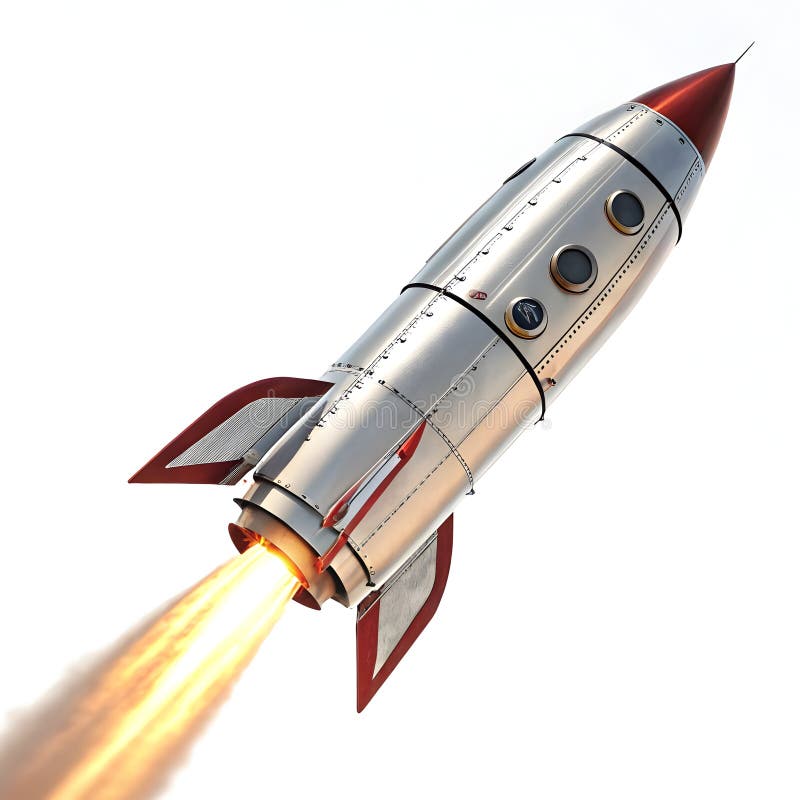 3D flying rocket icon isolated on white background stock illustration