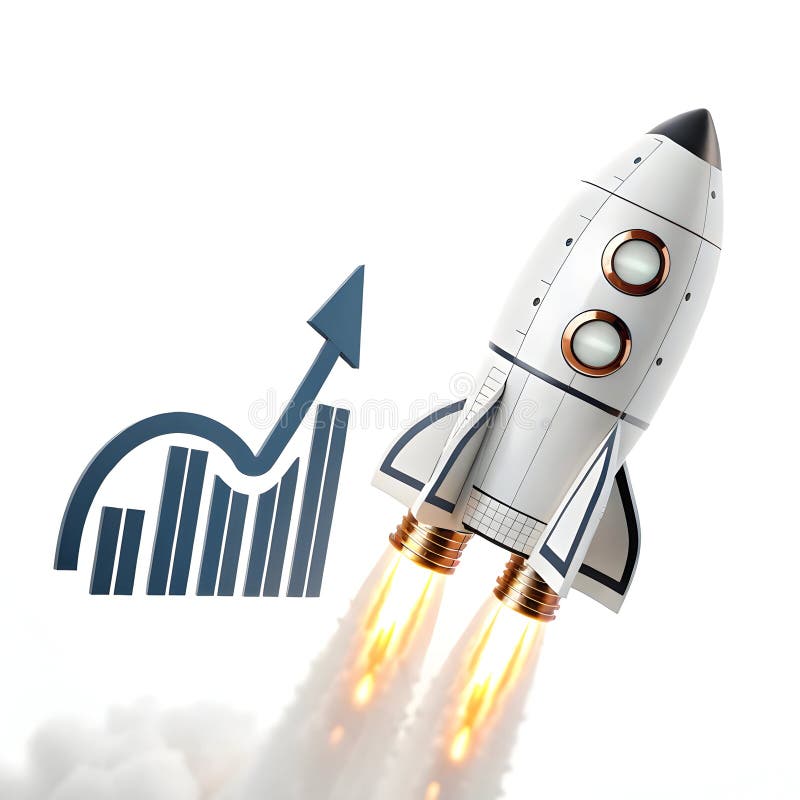 3D flying space rocket with business graph icon isolated on white background royalty free illustration