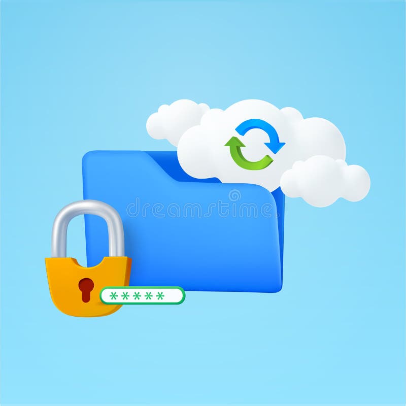 3d folder with cloud, sync icon, secured lock, password input, isolated on background. Design concept for cloud server vector illustration