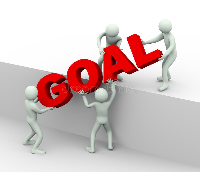 3d illustration of men working together and placing word goal. 3d rendering of human people character and concept of goal and target achieving. 3d illustration of men working together and placing word goal. 3d rendering of human people character and concept of goal and target achieving