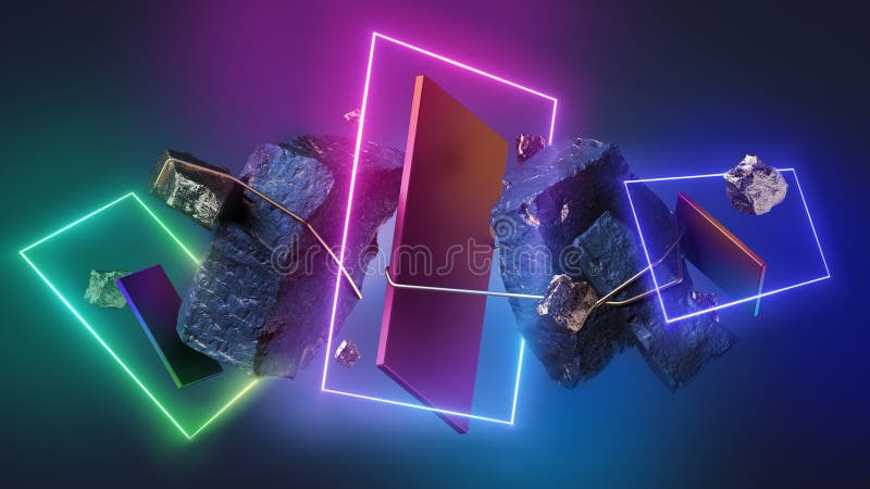 3d render, abstract geometric neon background. Glowing linear frames and rock cobble stone ruins levitating. Fantastic wallpaper. 3d render, abstract geometric neon background. Glowing linear frames and rock cobble stone ruins levitating. Fantastic wallpaper.