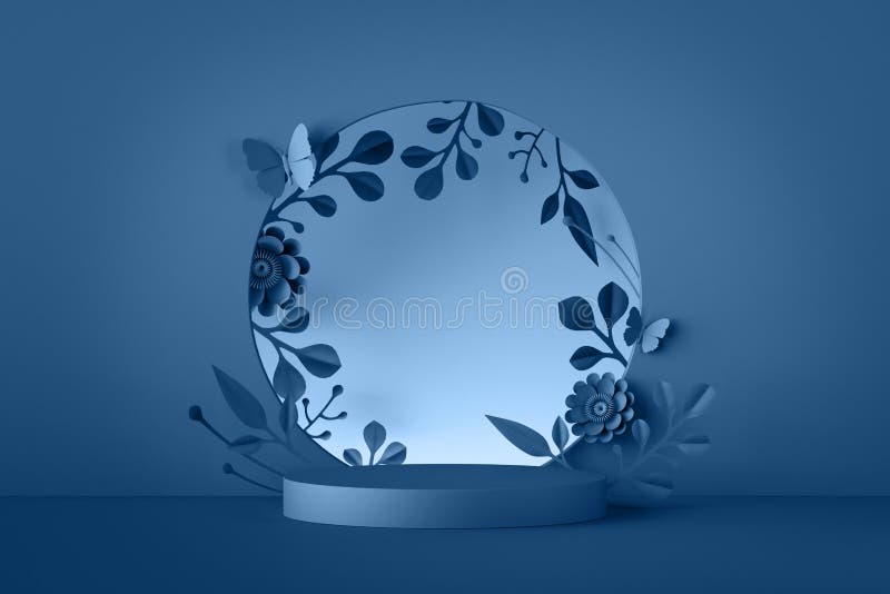 3. d fondo floral azul. marco redondo con flores de papel arco botánico y escaparate de productos peatonales vacíos stock de ilustración