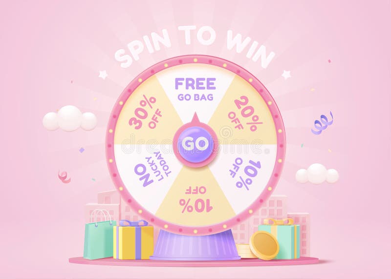 3d fortune spinning wheel template. 3d pink fortune spinning wheel for online promotion events. Concept of winning the biggest discount as jackpot prize