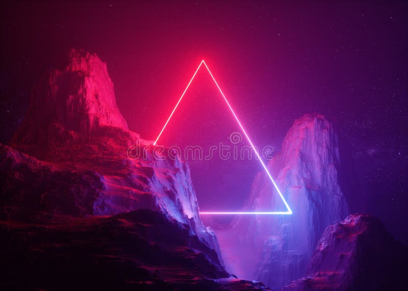 3d framför, abstrakt bakgrund, det kosmiska landskapet, den triangulära portalen, rosa blått neonljus, virtuell verklighet, energ