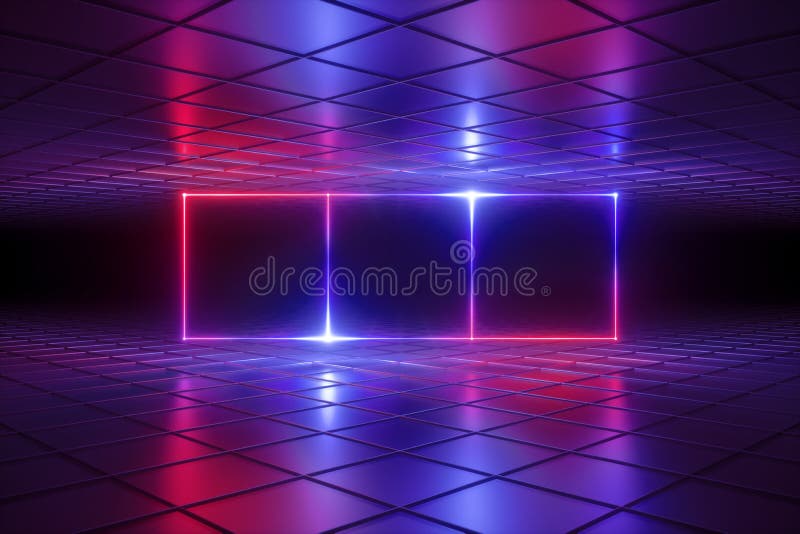 3d framför, abstrakt psykedelisk bakgrund, neonljus, virtuell verklighetrastret, glödande linjer, asken, rum som är ultraviolett