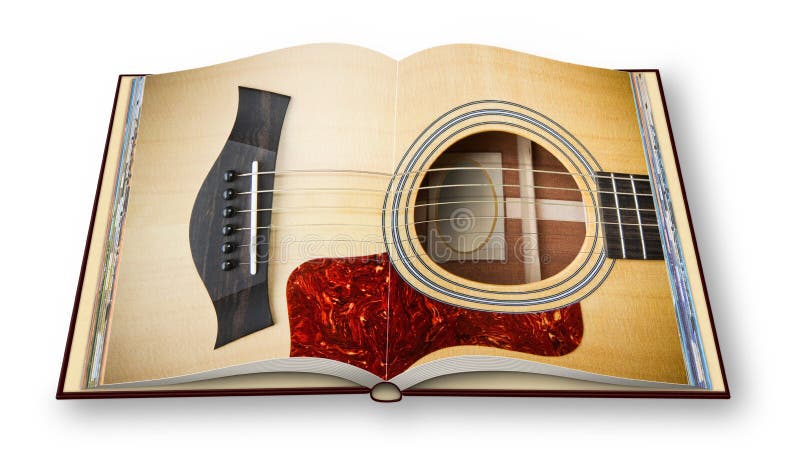 3D framför av en träakustisk gitarr på öppnad photobookisolat. 3D framför av en träakustisk gitarr på öppnad photobook som isoleras på vit bakgrund