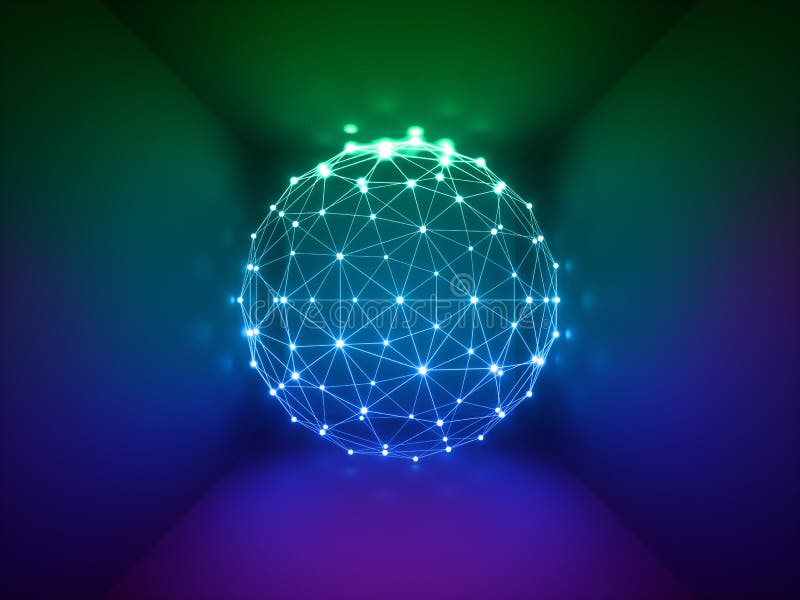 3d framför, den glödande sfären, nätverksanslutningar, neonljus, abstrakt bakgrund, vibrerande färger, laser-show stock illustrationer