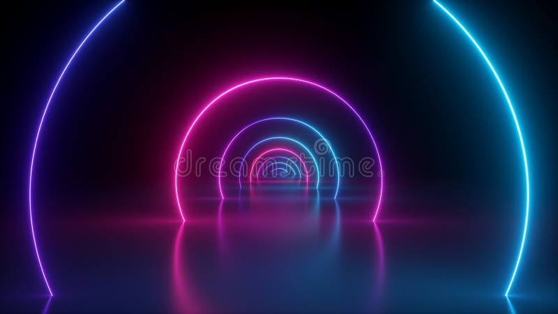3d, fundo abstrato claro de néon, portal redondo, anéis, círculos, realidade virtual, espectro ultravioleta, mostra do laser