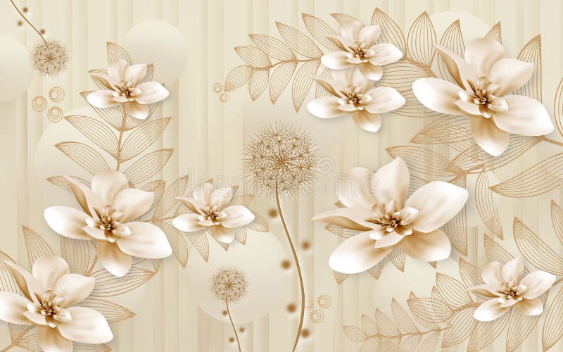 3d fundo de ilustração mural com flores dandelion douradas círculos de parede decorativa de ouro simples