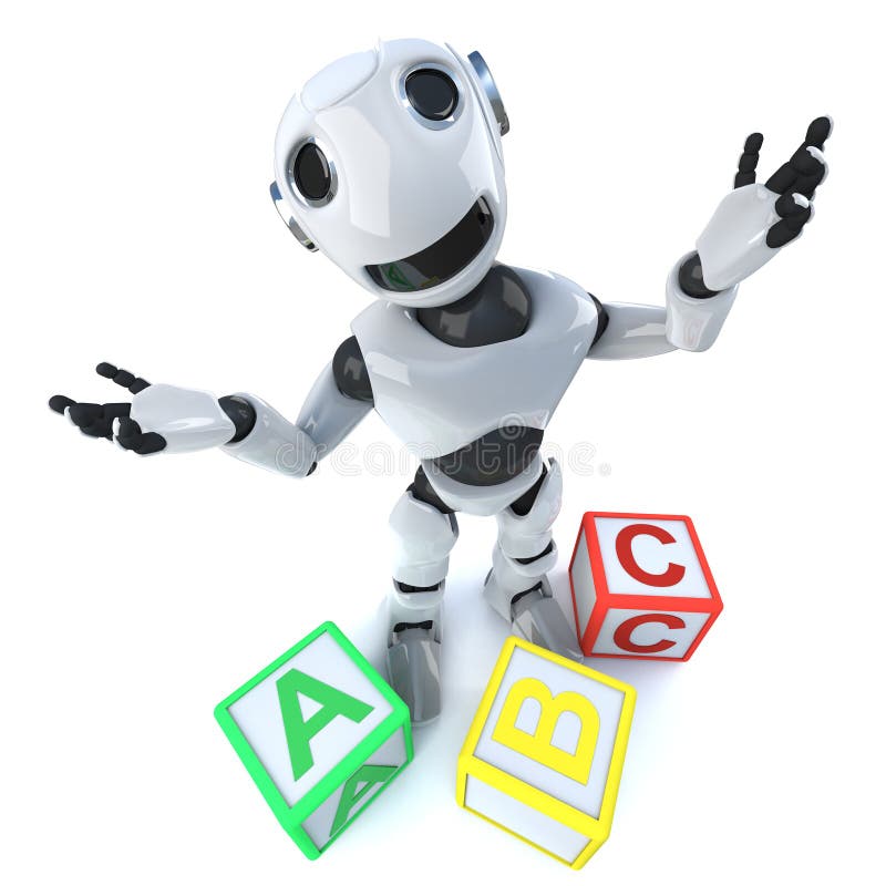 3d Funny Cartoon Robot Android Using Alphabet Blocks Stock Vector