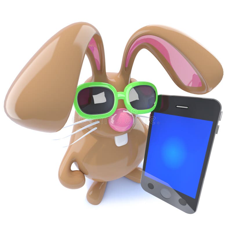 3d Funny Chocolate Easter Bunny Rabbit Holding a Smartphone Stock