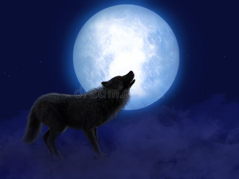 3d fusione di lupo nero con occhi rossi alla luce della luna illustrazione vettoriale