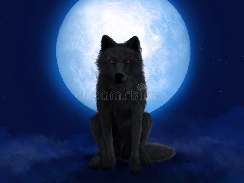 3d fusione di lupo nero con occhi rossi alla luce della luna illustrazione di stock