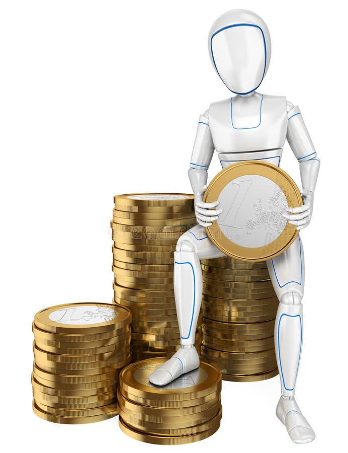 3D Humanoid robot sitting on a pile of euro coins