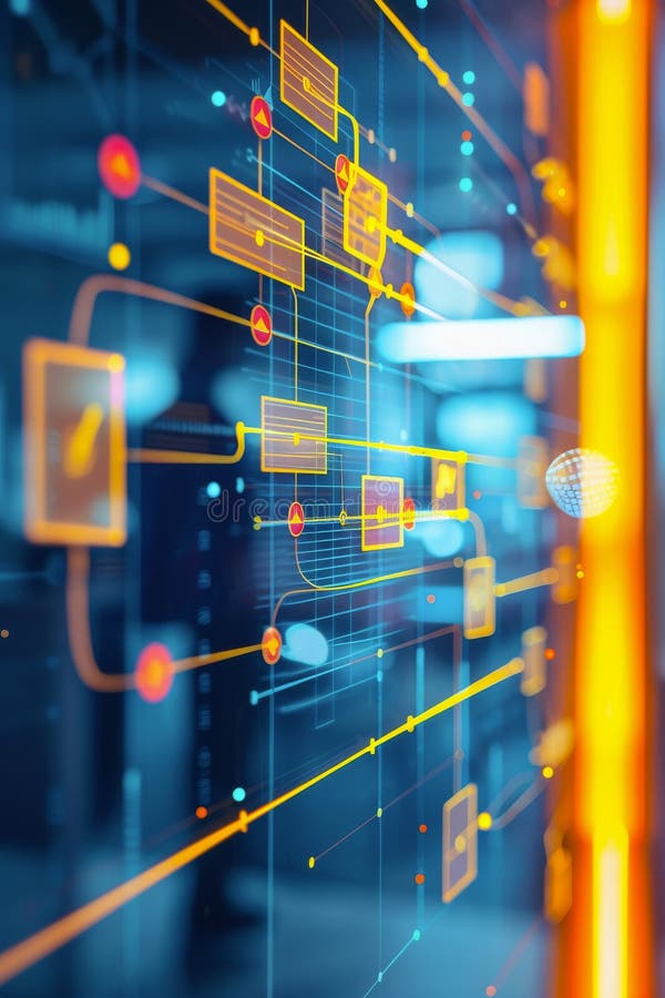 3D futuristic network diagram with glowing nodes and schematic panels. Conceptual image of data processing, virtual interface, and advanced technology for design and print. Blockchain network analysis stock images, royalty-free photos and pictures