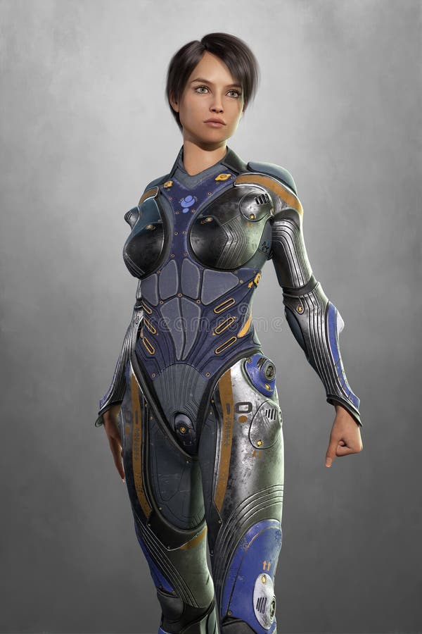 3D Futuristic Woman in Science Fiction Armor Stock Illustration