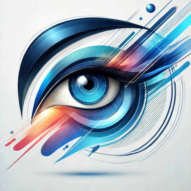 3d Futuristiskt abstrakt mönster illustration av ett blått öga med dynamiska linjer, geometriska former och klara neonfärger. Högt vektor illustrationer