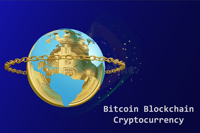 3d a făcut o ilustrare a unui bitcoin de aur într-un glob albastru cu un lanț de aur stock illustration